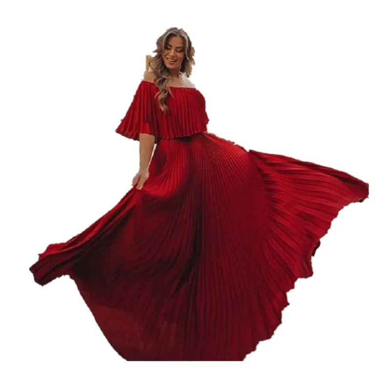 

Fashion Maxi Long Dress For Women Sexy Slash Neck Off Shoulder Ruffle Dresses Solid Pleated Elegant Party Vestidos Sukienki Lady