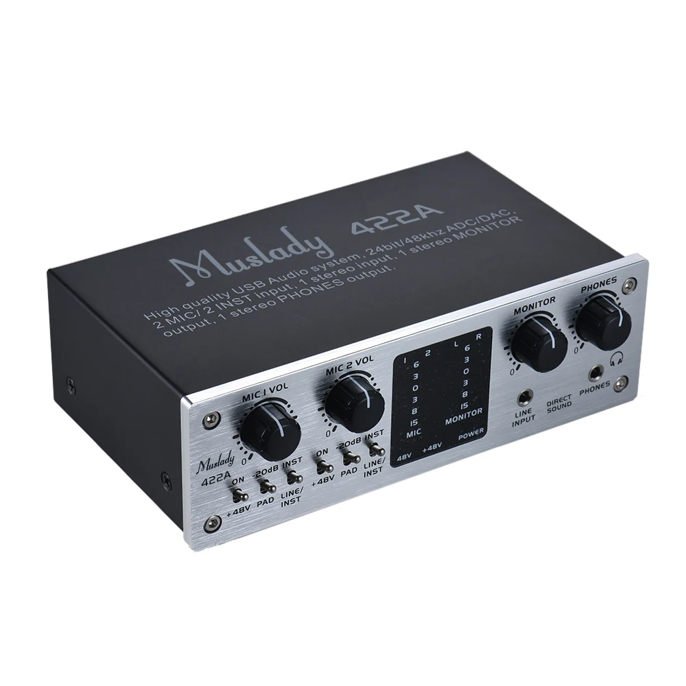 Muslady 422A 4-канальный USB аудио Системы Интерфейс внешняя звуковая карта+ 48V phantom Мощность DC 5V Питание для компьютера