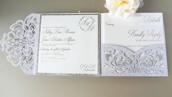 

100pcs Silver Glitter Paper Laser Cutting Pocket Wedding Invitation Pearl Cards with Envelope Carte De Mariage Invitation Lot
