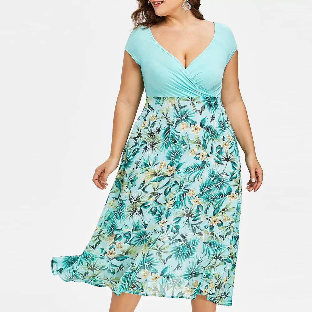 Женское летнее платье больших размеров vestidos богемное шифоновое платье с v-образным вырезом и коротким рукавом, платья миди, пляжный Сарафан