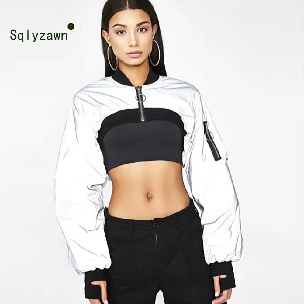 

Women Short Baseball Coat Long Sleeve Zip Pocket Bomber Jackets Gray Sporty Reflective Coat 2019 Female Casual Loose Cropped Top