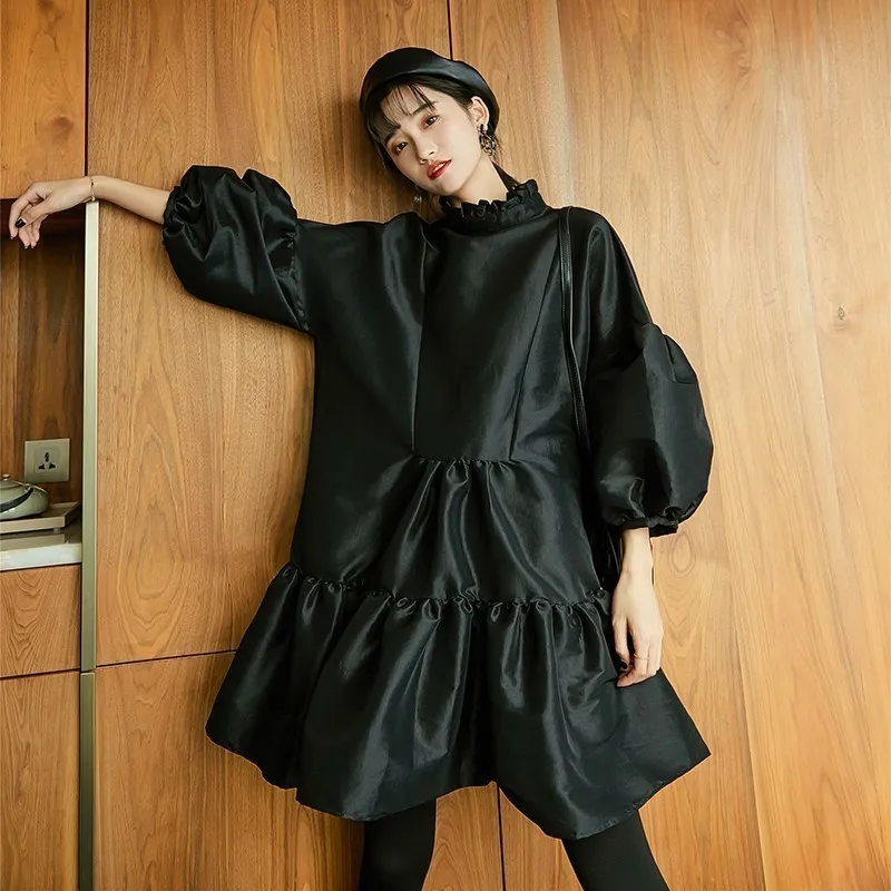 SHENGPALAE, пышное платье с рукавом три четверти для женщин, гофрированный воротник, Черное Мини бальное платье, женское платье, весна, корейский стиль, FL350 - Цвет: black