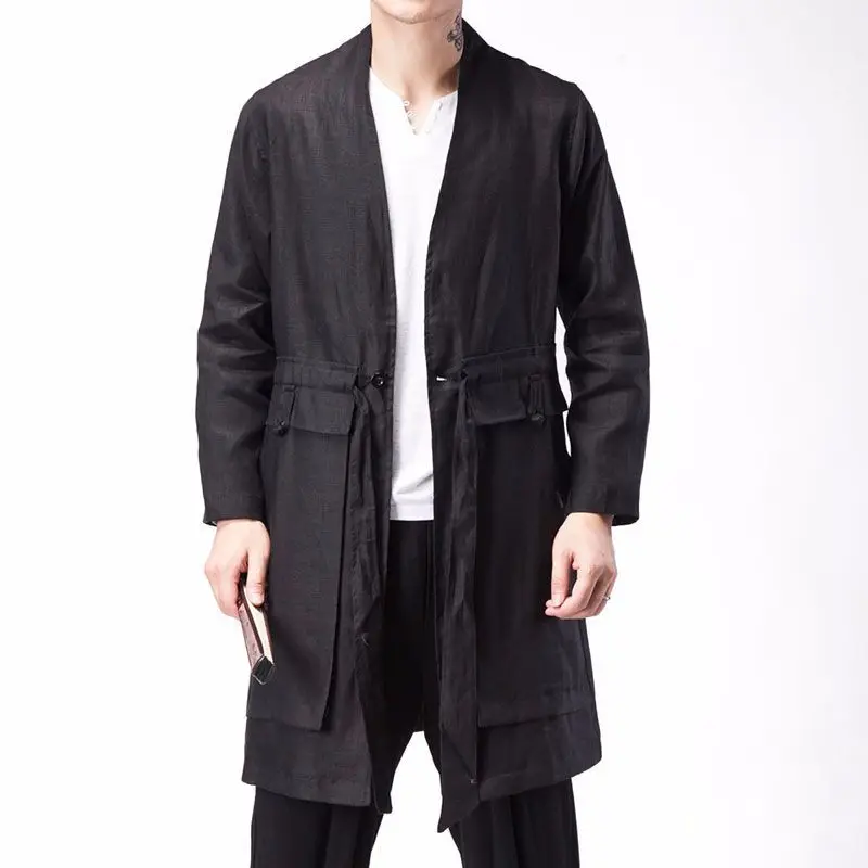 Новое поступление, Мужское пальто, длинное кимоно, куртка, высокое качество, китайский стиль, мужской льняной кардиган, Мужская ветровка, пальто - Цвет: 1018 Black