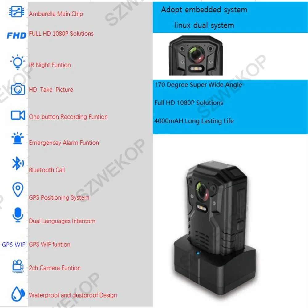  GPS WIFI waterproof Wide 170 angle Security External IR Body Worn Camera Night Vision Motion Detect