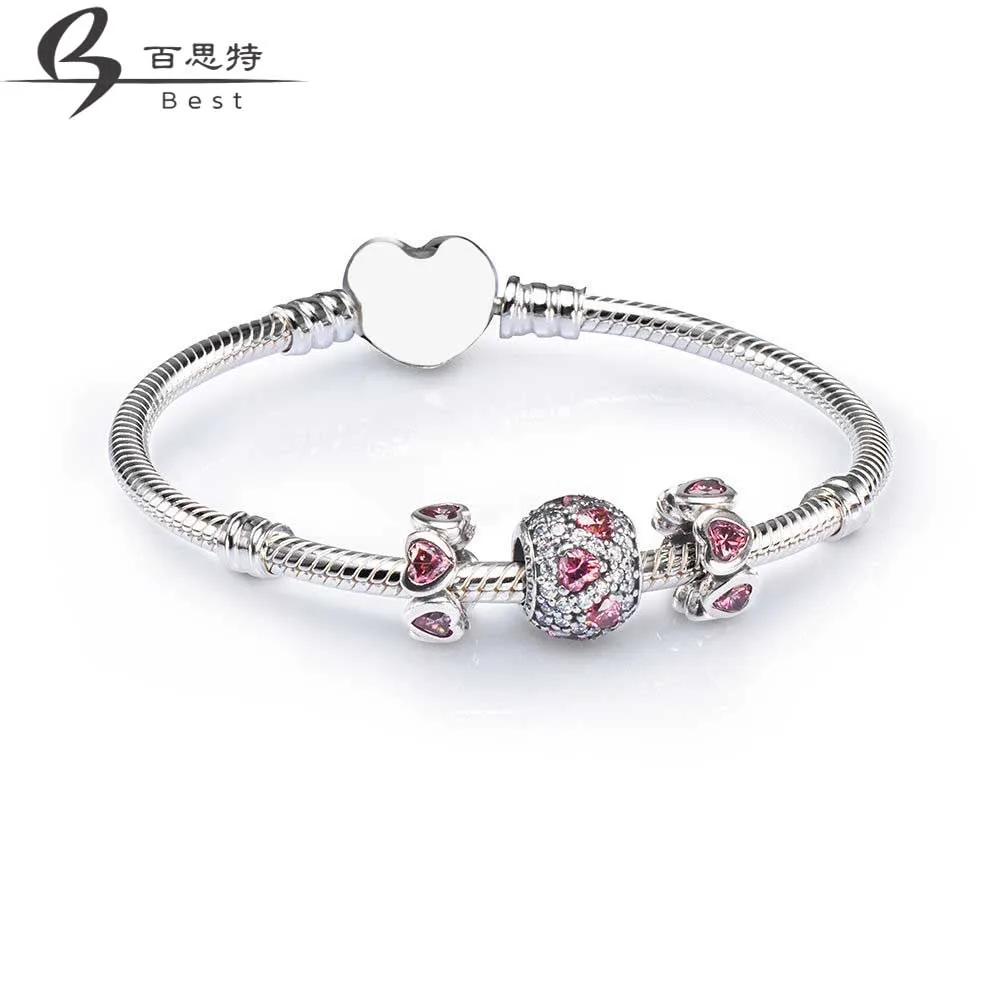 

BEST 100% 925 Sterling Silver SALE - PINK HEART PAVE BALL CHARM BRACELET SET fit DIY Original charm Bracelets jewelry A Set