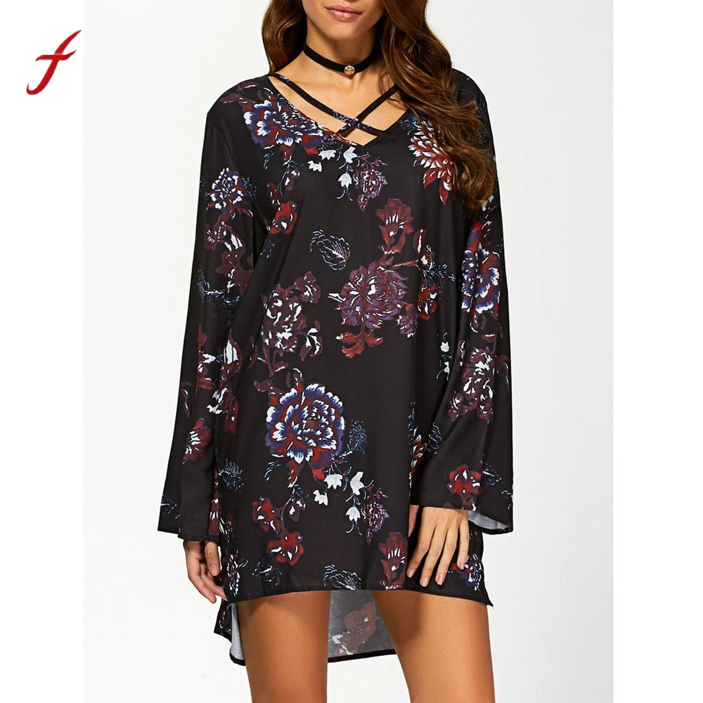 

New 2019 Spring Summer Short Mini Dresses Casual Womens Multicolor Floral Printed Party Dresses Sexy Ladeis Long Sleeve Dress