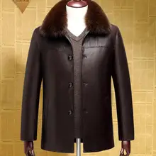 M-4XL Горячая Весна Мужская Новая мода среднего возраста воротники из лисицы Досуг кожаное пальто с отворотами