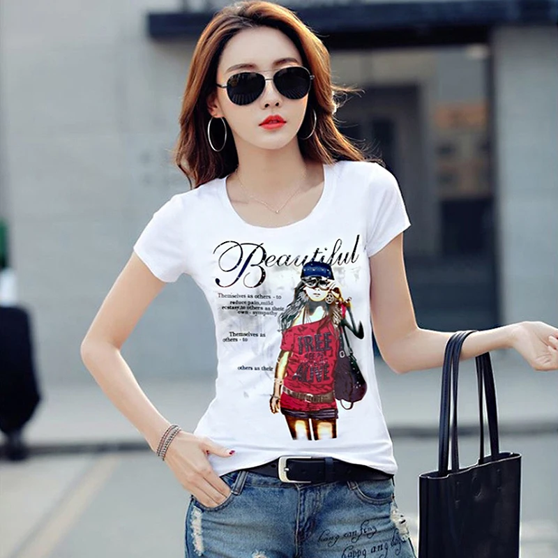 

JIANWEILI 2019 T Shirt Women Summer Short Sleeves Tee Shirts Tops Casual Harajuku Cartoon O-neck Tshirt Plus Size T-shirt