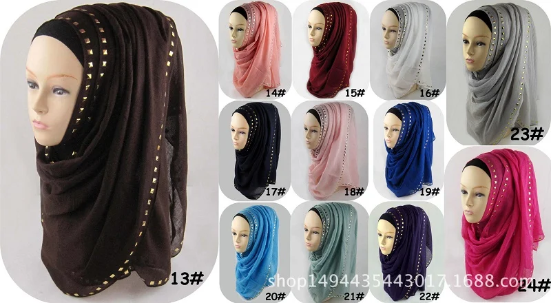 Золото шарф с клёпками хлопок Стад мусульманские хиджабы шаль леди длинные однотонные обертывания пашмины Ислам для женщин Bufandas платок Sjaal