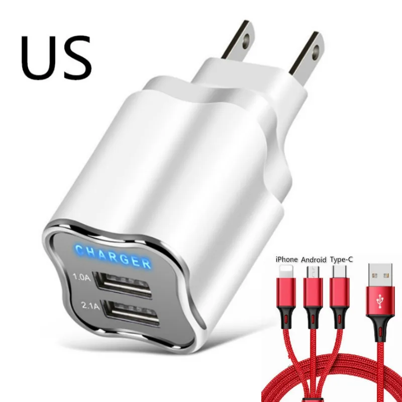 Двойной USB зарядное устройство для телефона зарядное устройство ЕС США штекер светодиодный светильник 5 в 2.1A быстрое зарядное устройство адаптер для iPhone samsung Xiaomi зарядное устройство для мобильного телефона - Цвет: US packaging
