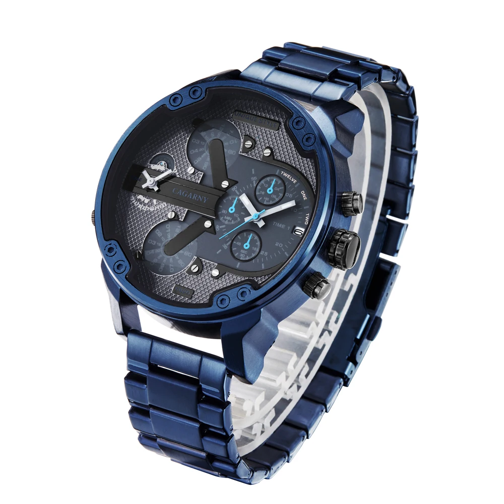 drop shipping cool big case quartz watch for men casual mens wrist watches dual time zones auto date army military Relogio Masculino blue stianless steel band 2019 new design (1)