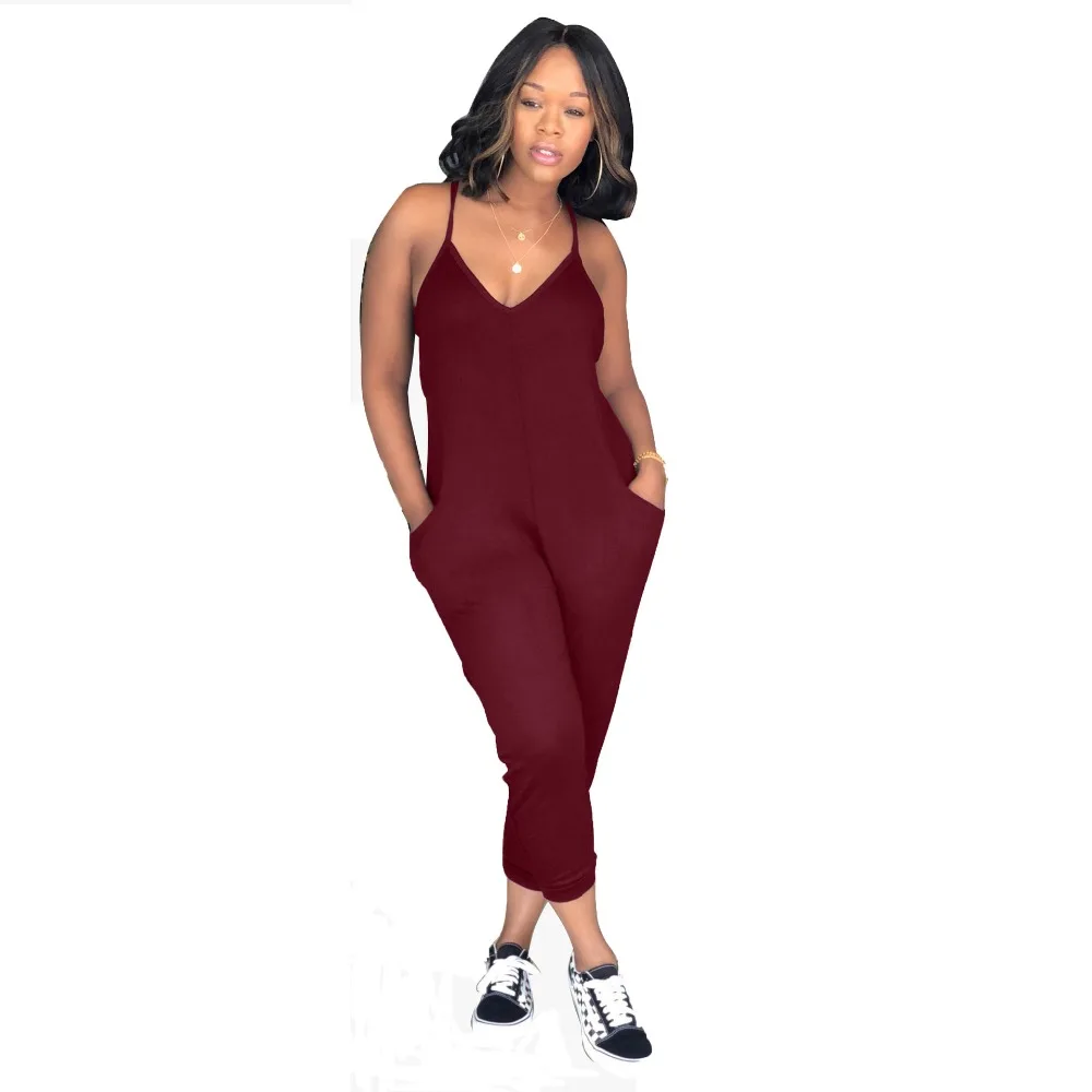 Casual Pockets Female Long Playsuit Tank 2018 Sleeveless Summer Bodysuits Sexy Spaghetti Strap V Neck Women Jumpsuits Plus Size