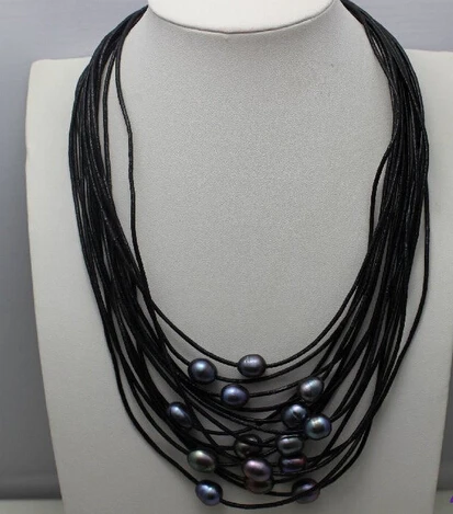 

ddh003675 Gray Freshwater pearl 15beads black leather necklace 10x12mm