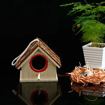 

Outdoor Wooden House Shape Hanging Cage Tree Bird Nest Eco-friendly Home Decor For Parrot Garden Hemp Rope