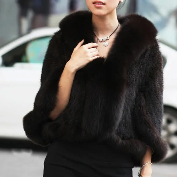 

Free Shipping New Genuine Knitted Mink Fur Shawl Wrap Cape with Fox fur collar women mink fur coat Wholesale retail TF0137