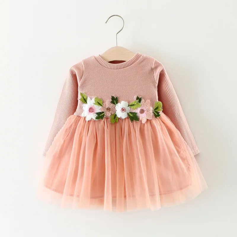 Baby Girls Long Sleeve Flower Dress 2018 Spring Autumn Toddler Lace Princess Party Tulle Dresses Newborn Baby Prom Gown Clothes