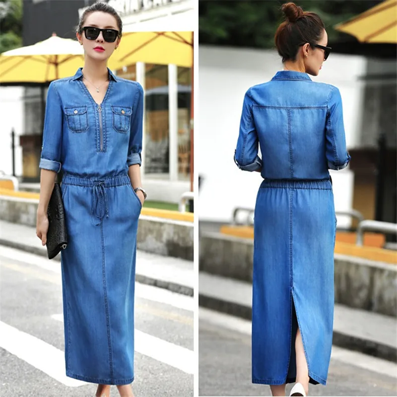 Denim Dress for Womens 2018 Spring Summer Long Jeans Dresses High quality Plus size Slim Female Casual Top Pullover OKXGNZ A1916