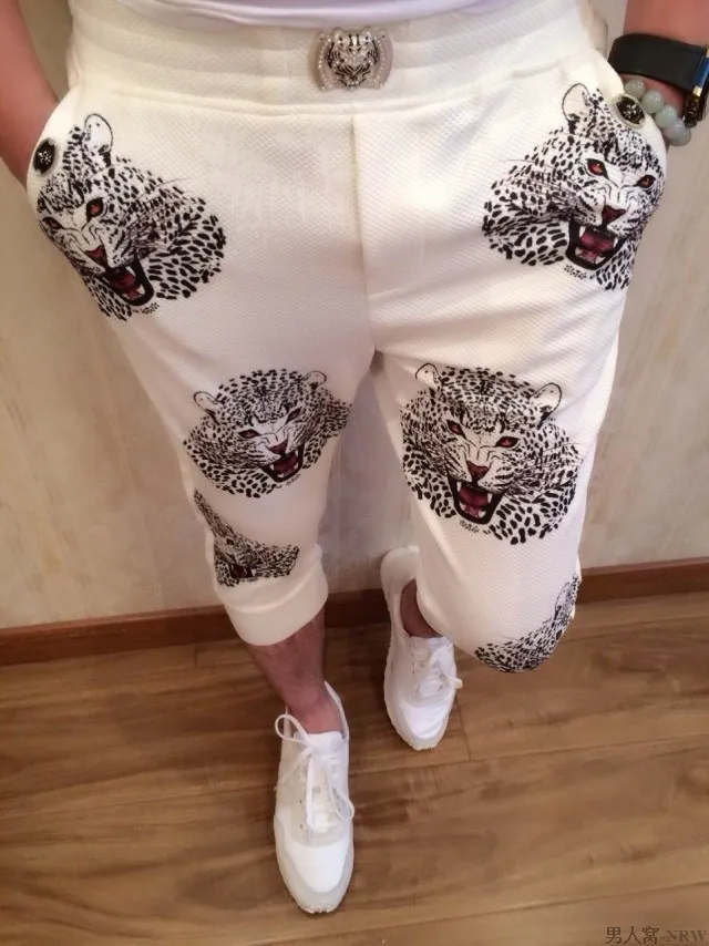 28-36! Мужская Новая мода тонкий мужской высокое качество белый тонкий тигр печати мужские повседневные брюки обтягивающие брюки певица костюмы - Цвет: Белый