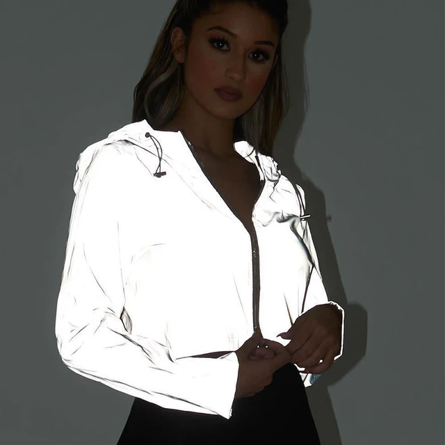 US $10.18 Reflective Jacket Women 2020 Flash Short Hooded Coats Night Glowing Short Jacket Zipper Women Refle