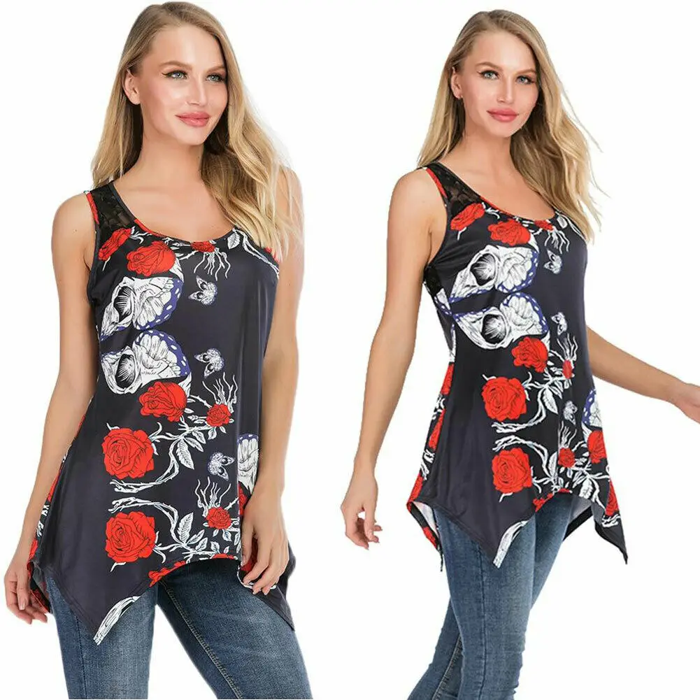 

Women Summer Casual Blouse Female Lace Vest Top Sleeveless Slim Irregular Ruffled Hem Loose Blouse