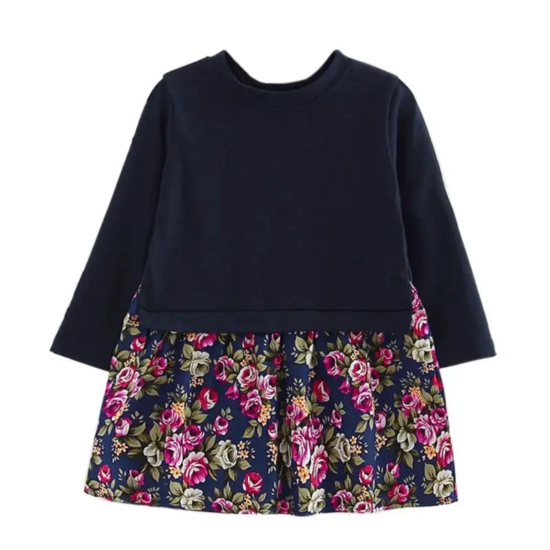 

Children Long Sleeve Floral Print Casual Dress Splicing Party Girls Clothes