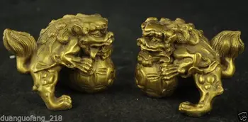 

A Pair of Exquisite Lovely Old Chinese Handwork Brass Carving Lion Lucky Statues