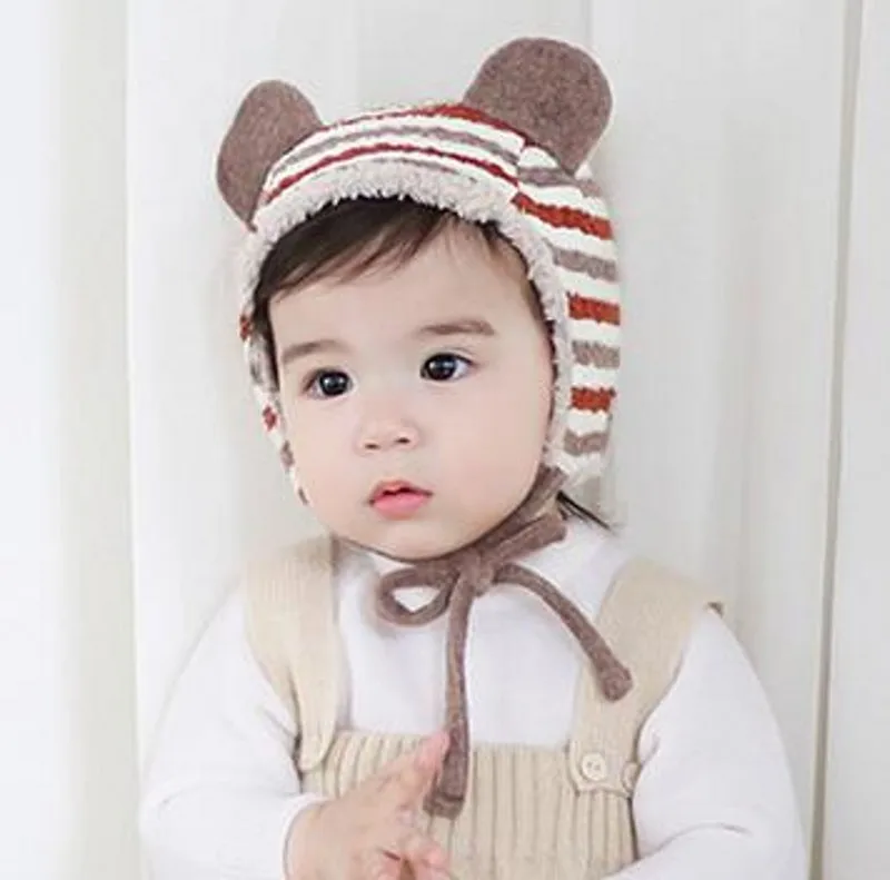 

Yiwu Wholesale Fashion New Winter Cute Stripe Thincken Warm Baby Infant Beanies Hats Children Kids Warm Earmuff Caps 0-1 Years