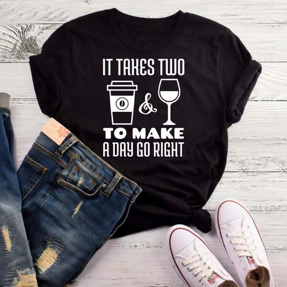

It Takes Two To Make A Day Go Right T-Shirt Summer Coffee Wine Tee Gym Unisex Funny Aesthetic Mom wine Shirt Trendy Grunge Tops