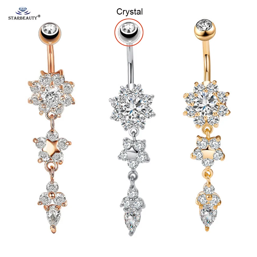 Starbeauty 1pc Crystal Ball Dangle Belly Bars Flower Piercing Rose Gold Earrings Button Rings Navel Nombril | Украшения и