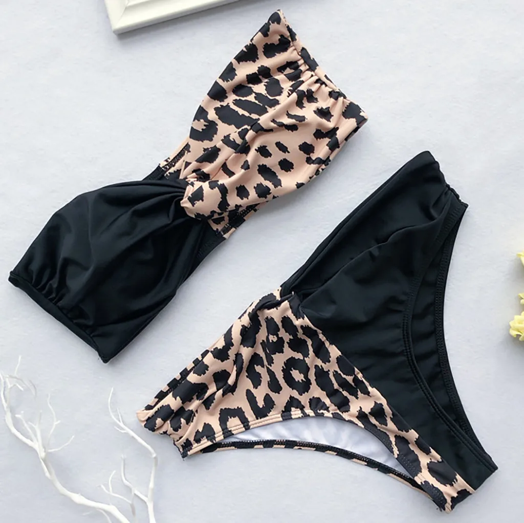 

Leopard Patchwork Bikini Set Women Swimsuit Two Piece Swimwear Beachwear Halter Strapless Wrap Female Biquini Stroj Kapielowy #B
