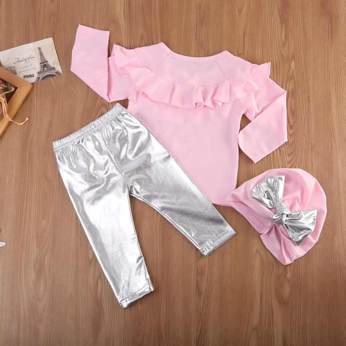 

0-3T Infant Baby Girl Set Long Sleeve Cotton T-shirt+Pants+Hat Solid Color Shiny Toddler Autumn Outfits Clothes