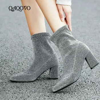 

Fashion Ankle Boots Women Square High Heels Booties Slip On Pointed Toe Spring Autumn Ladies Shoes Silver Black