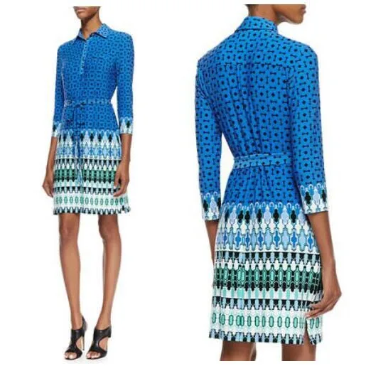 A Beautiful Italiana Maglia Modo Signore Buona Cintura Lavoro Camicia Qualità Sexy Blu Dress Di Blue Delle La Moda Sottile Stampa q714R4