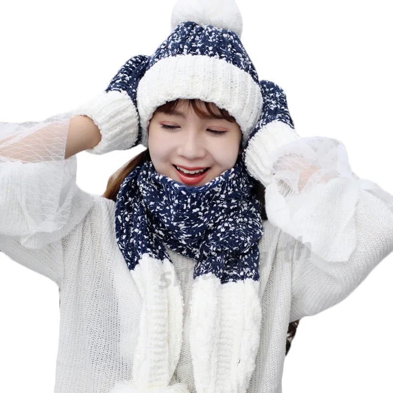 Женские зимние шапки шарф перчатки Комплект из 3 предметов для девочек толстые вязаные зимние аксессуары Головные уборы наборы Женская бини шарф наборы перчаток