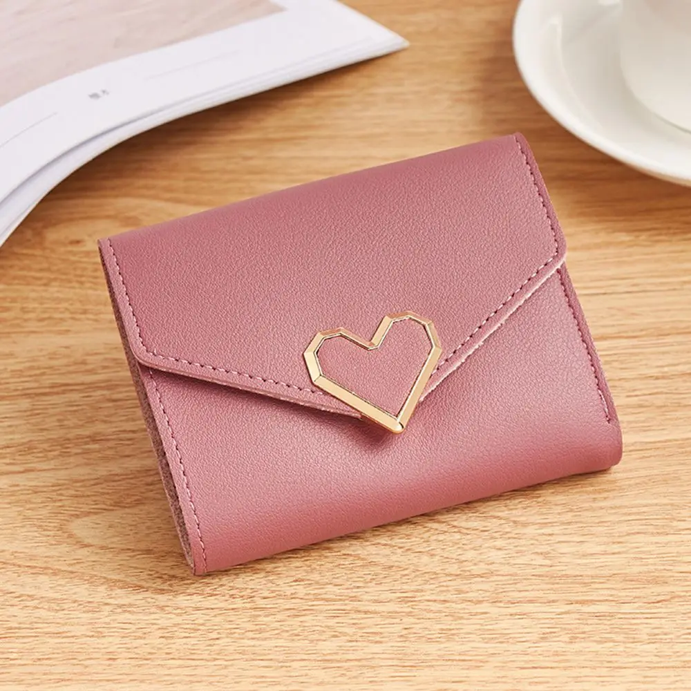 

Female Fashion Card Purse Wallet Popular Metal Love Shape PU Leather Women Wallet Coin Purse Card Holder Short Wallet