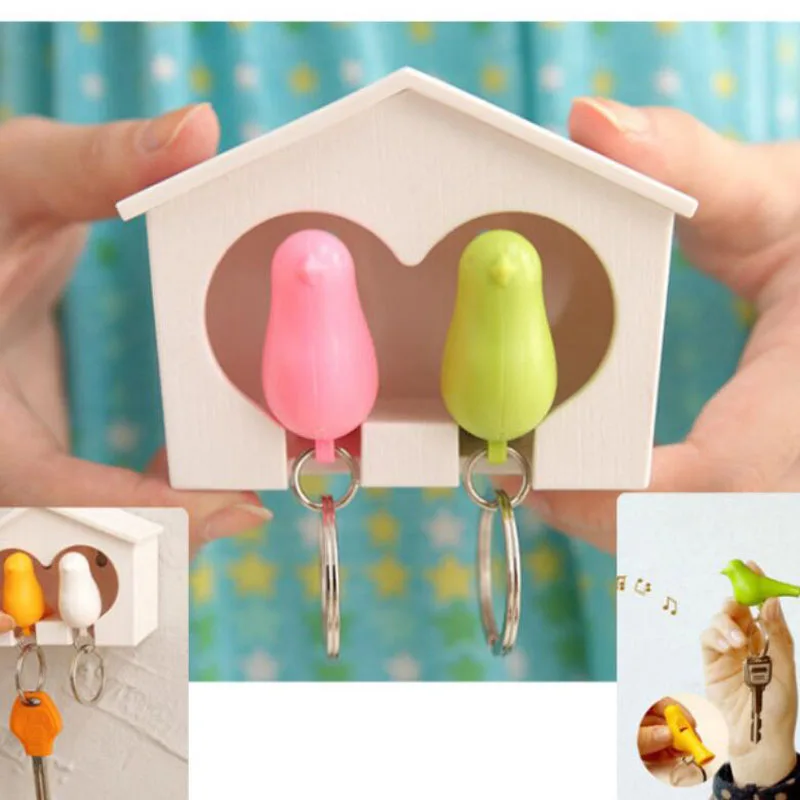

Birds House Couple Keychain Anti-lost Key Ring Key Hook Holders Twin Whistle Wall Arts Key Hook Holder (Birds Color Random) M23C