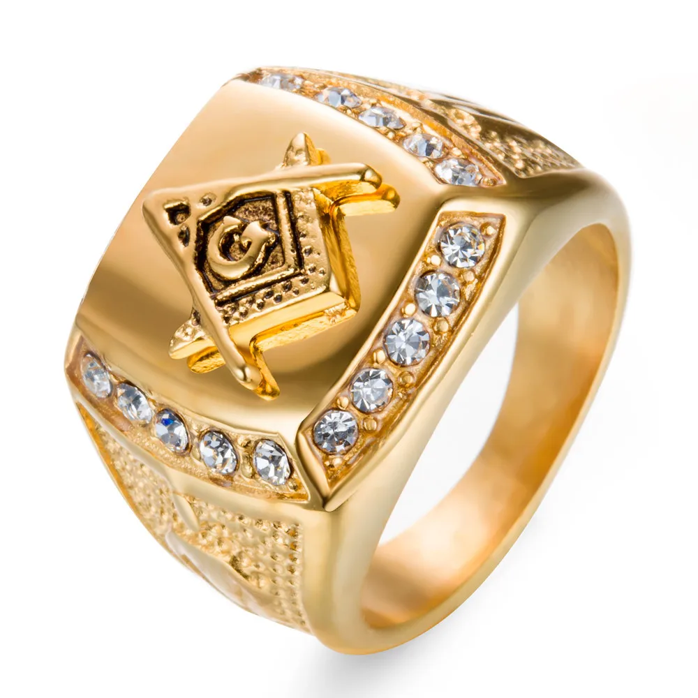 Gold Tone Crystal Trendy Masonic Symbol Ring 316L Stainless Steel