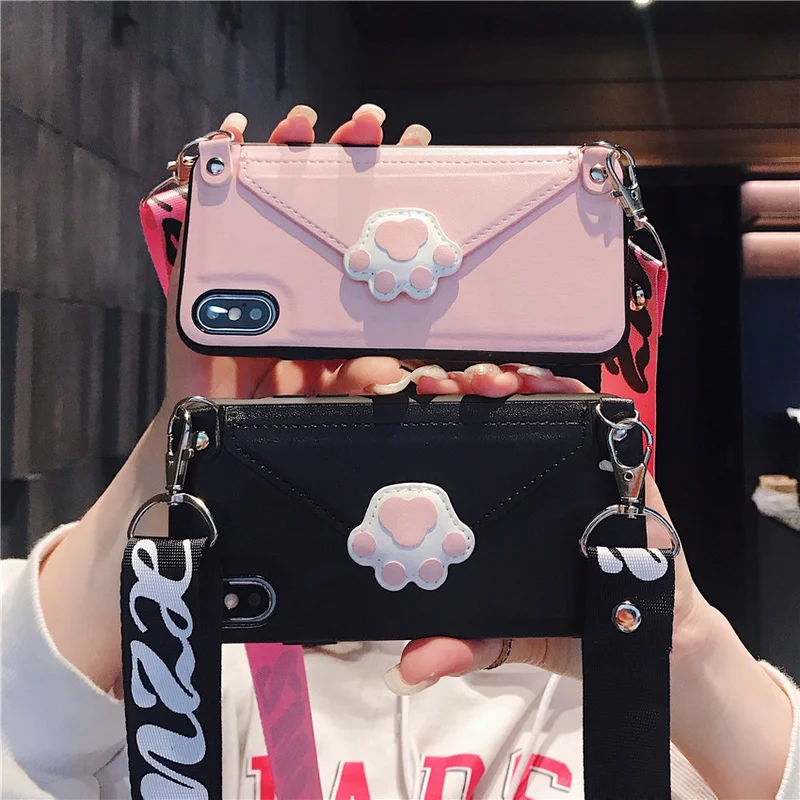 

Cartoon Cat Claw Lanyard Card Case for IPhoneX XR XS XSMAX Faux Leather Portable Case for IPhone7 8 6 6S