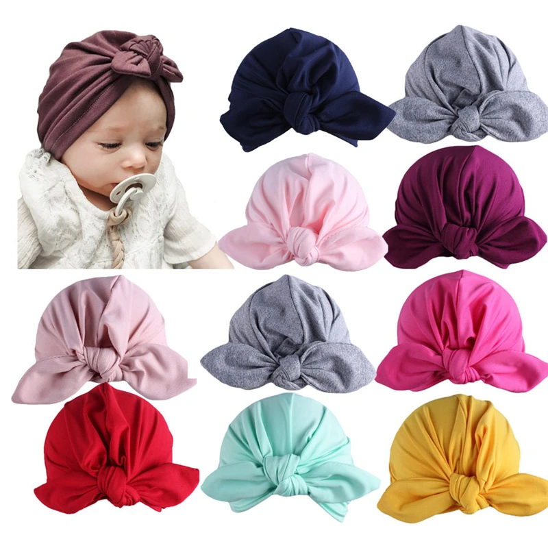

Baby Hat Summer Solid Color Unisex Cute Newborn Toddler Kids Baby Boy Girl Indian Turban Knot Cotton Beanie Rabbit Ear Hat Cap