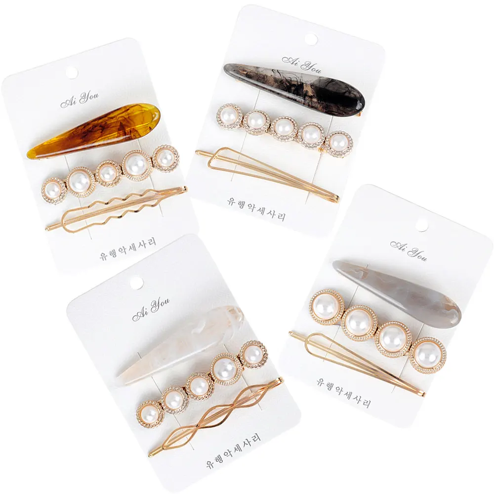 

3pcs/lot Women Girls Metal Pearl Marble Hair Clip Combination Barrette Pearls Hairpin Hair Styling Accessories 960