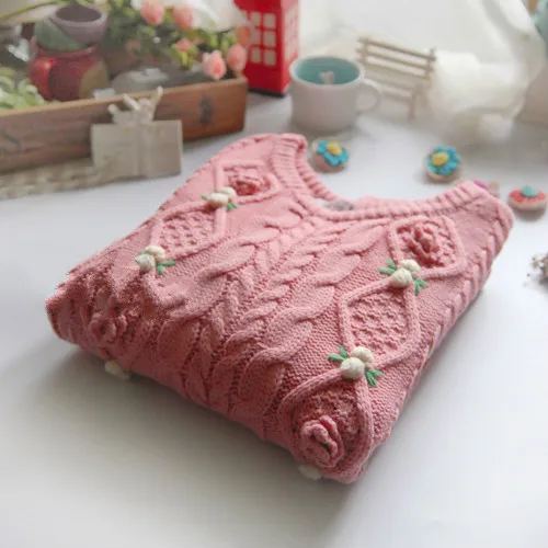 Милый свитер принцессы в стиле Лолиты BOBON21, мягкий розовый плотный свитер с объемными маленькими цветами осенне-зимний теплый длинный свитер T0895 - Цвет: dark pink 57cm