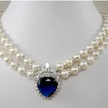 Горячая# > Мода г. jewelry 2 ряда белый жемчуг голубое сердце кристалл кулон Цепочки и ожерелья