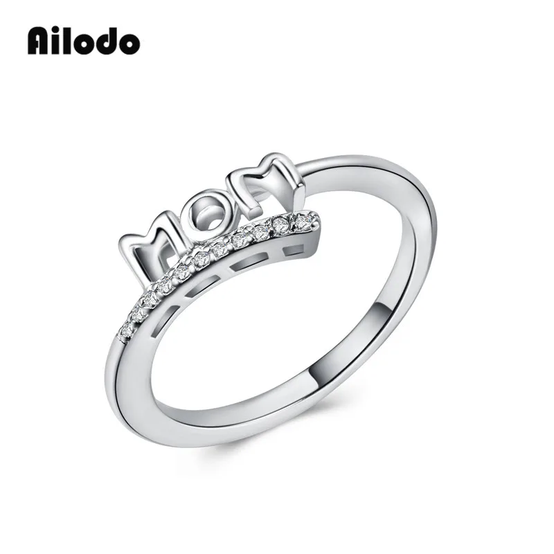 

Ailodo Letter Mom Rings Mother's Day Gift Silver Color Crystal Rings For Women Femme Bijoux Simple Fashion Copper Jewelry LD054