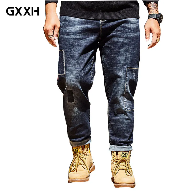 

2019 Brand Large size 30-44 46 Stitching patch Large Pocket jeans Men's Autumn and Winter Washed Stretch Loose Straight trousers
