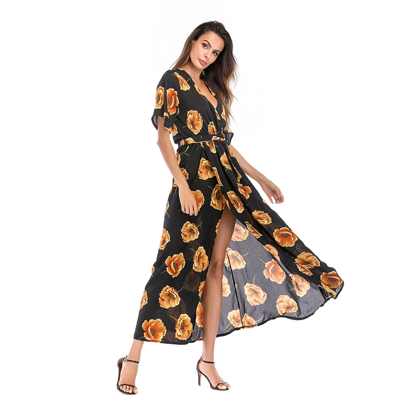 2018 Summer Print Sexy Lace Up V-Neck Women Maxi Dresses Summer Split Backless Beach Vestidos Boho Ankle-Length Dress Dresses