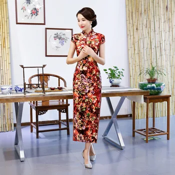 

Autumn Winter New Velvet Long Cheongsam Chinese Traditional Women Daily Qipao Classic Handmade Button Short Sleeve Dress Clothes