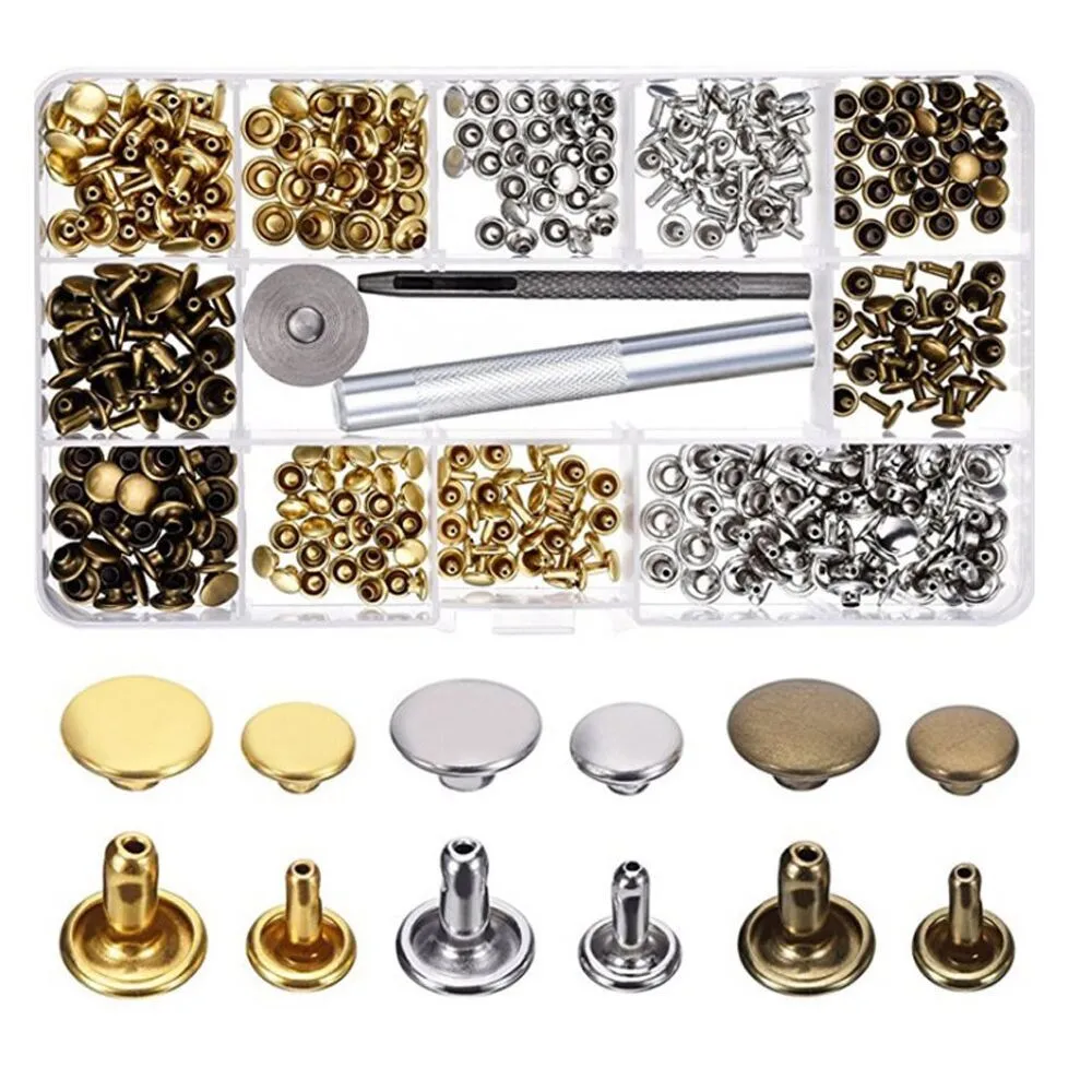 

180 Set 2 Sizes Leather Rivets Double Cap Rivet Tubular Metal Studs with 3 Pieces Fixing Tool DIY Craft Rivets Replacemet