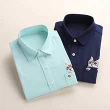 Dioufond, женская школьная рубашка, белые, синие Топы женские, блузки, рубашка с длинным рукавом, Женский офисный топ с карманом и вышивкой кошки