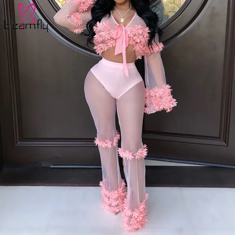 

Sexy Sheer Mesh Club Two Piece Set Deep V Neck Bell Sleeve Lace Up Crop Top + Flare Pants Outfits Embroidery Flower 2 Piece Set