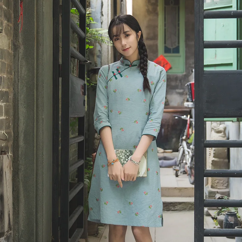 

Literary Retro Cotton Plate Buttons Women's Republic China Wind Chinese Cheongsam Slim Spring Summer Small Floral Dresses